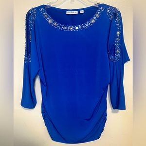 Susan Graver 3/4 Sleeve Beaded embellished peek a boo shoulder blouse S